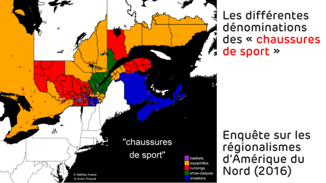 Carte avec les différentes régions où sont employés les termes pour désigner les chuassures de sport : baskets, espadrilles, runnings, shoe-claques et sneakers, Carte avec les différentes régions où sont employés les termes pour désigner les chuassures de sport : baskets, espadrilles, runnings, shoe-claques et sneakers,