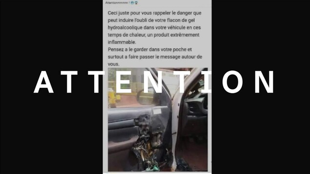 Capture d'écran tirée d'une publication Facebook évoquant le danger d'incendie lié à la présence de flacons de gel hydroalcoolique laissés dans un véhicule durant les périodes de grandes chaleurs.