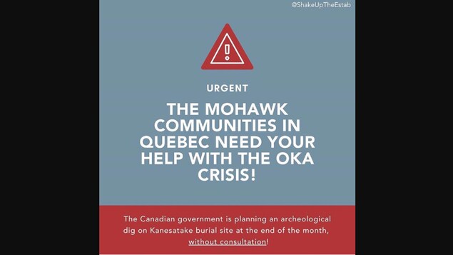 Publication dont le mouvement Shake Up The Establishment fait notamment la promotion, laissant croire de façon erronée qu'Ottawa veut imposer un projet sur un lieu d'enterrement lié à la crise d'Oka.
