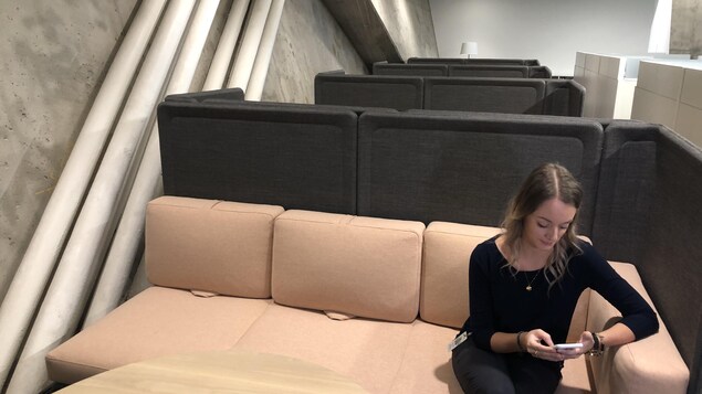 Une jeune femme regarde son téléphone mobile, assise sur un large divan. Une jeune femme regarde son téléphone mobile, assise sur un large divan.