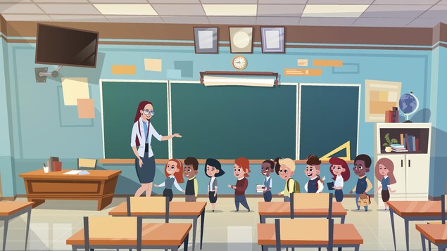 Illustration d'une salle de classe où se trouvent de jeunes enfants.