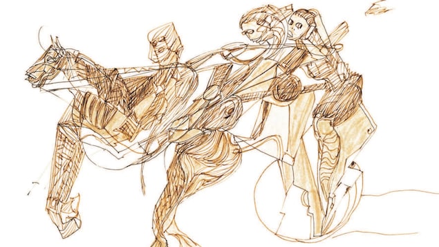 Un dessin de Miles Davis présenté au Centre d'art Diane-Dufresne repésente trois personnes et un cheval,. Un dessin de Miles Davis présenté au Centre d'art Diane-Dufresne repésente trois personnes et un cheval,.