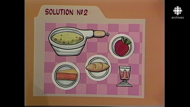 Illustration d'un repas complet avec soupe, pain,fromage, fruit et jus