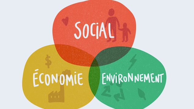 Trois bulles colorées affichant les mots Économie, Social et Environnement se rejoignent au centre.