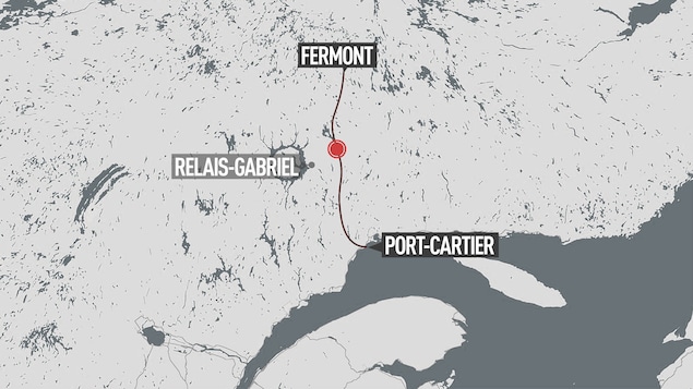 Le point rouge montre le secteur dans lequel le déversement a eu lieu, au nord de Port-Cartier en direction de Fermont. Le point rouge montre le secteur dans lequel le déversement a eu lieu, au nord de Port-Cartier en direction de Fermont.