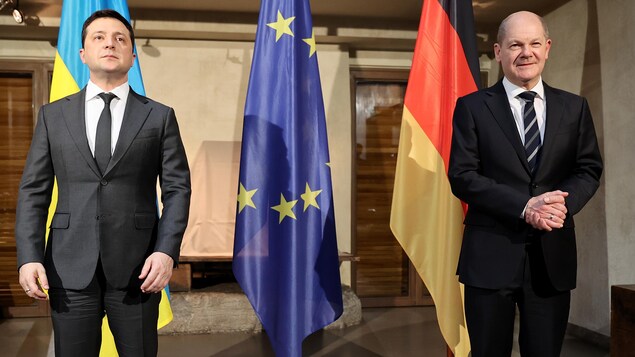 Volodymyr Zelensky (à gauche) et le chancelier allemand Olaf Scholz (à droite) devant des drapeaux ukrainien et allemand.
