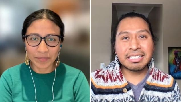 Capture d'écran d'une conférence vidéo entre la sociologue quichua Fernanda Yanchapaxi et l'artiste maya Edgar Hernández López, tous deux résidents du Canada.
