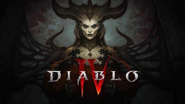 Couverture de jeu montrant une démone derrière le logo «Diablo IV».