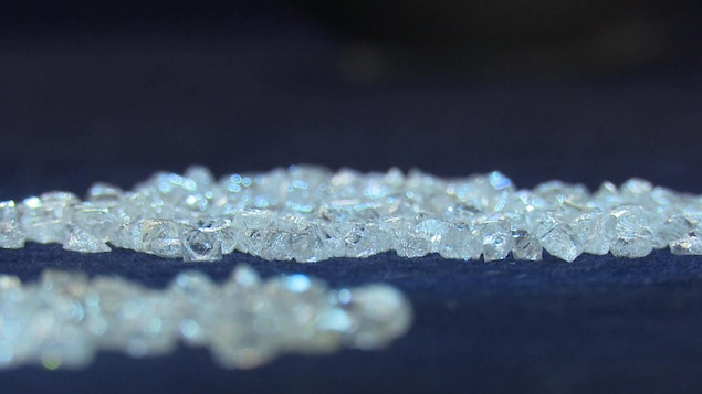 Deux amats de diamants sont exposés sous des lumières bleues. Deux amats de diamants sont exposés sous des lumières bleues.