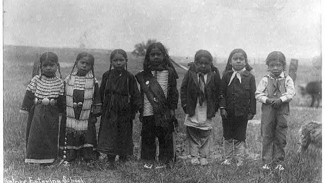 Seven small children stand in the grass. 