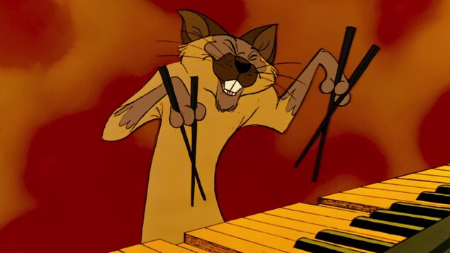Un chat jaune joue du piano avec des baguettes chinoises.