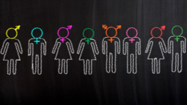 Dessin d'hommes et de femmes. La tête est remplacée par des symboles d'identité sexuelle.