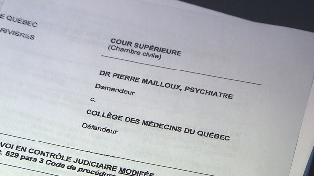 Extrait de la demande à la Cour supérieure où on peut y lire que le Dr Pierre Mailloux est demandeur et le Collège des médecins est défendeur.
