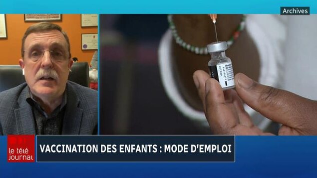 Image montrant le Dr Conway à gauche et une seringue de vaccin à droite.