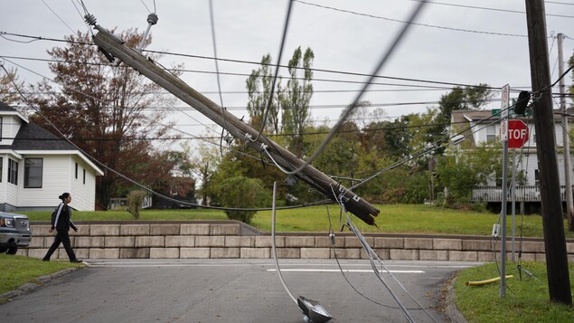 Une femme croise une rue bloquée par un poteau électrique coupé à la base, qui est couché sur des lignes électriques touchant presque le sol.