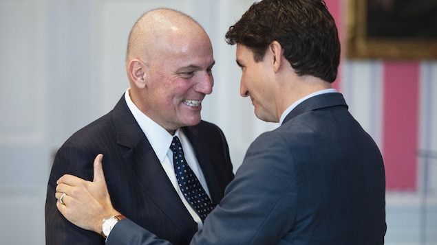 Prime Minister Justin Trudeau embraces Dominic LeBlanc as he is sworn in as President of the Queen’s Privy Council for Canada at the swearing -in ceremony for the new Cabinet at Rideau Hall in Ottawa on Wednesday, November 20, 2019.