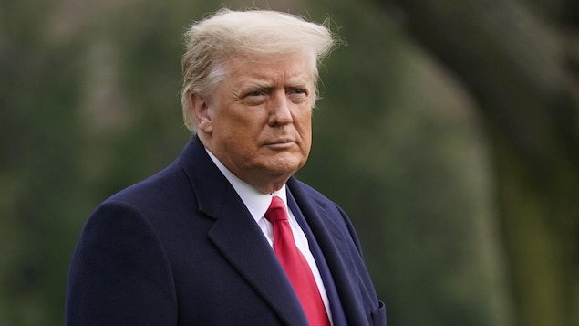 Donald Trump photographié dehors devant des arbres.