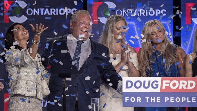 Photo de confettis qui tombent sur Doug Ford et ses proches. Photo de confettis qui tombent sur Doug Ford et ses proches.