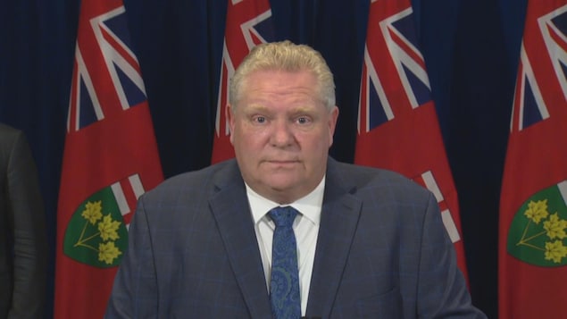 Doug Ford devant quatre drapeaux de l'Ontario.