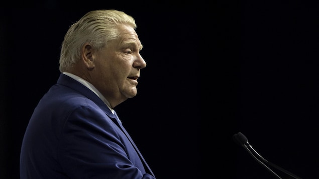 Le premier ministre de l'Ontario Doug Ford lors de la conférence de l'Association des municipalités de l'Ontario à London, le lundi 21 août 2023.