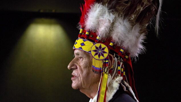 M. Cardinal est vu de profil, et porte une coiffe autochtone composée de plumes et de rubans jaunes et rouges. M. Cardinal est vu de profil, et porte une coiffe autochtone composée de plumes et de rubans jaunes et rouges.