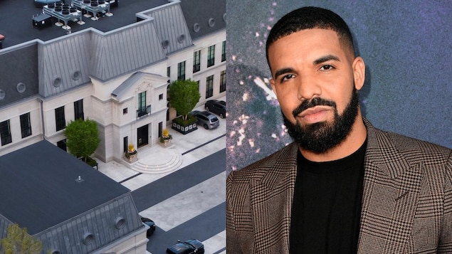 Deux images juxtaposées : un portrait de Drake et sa maison vue des airs.