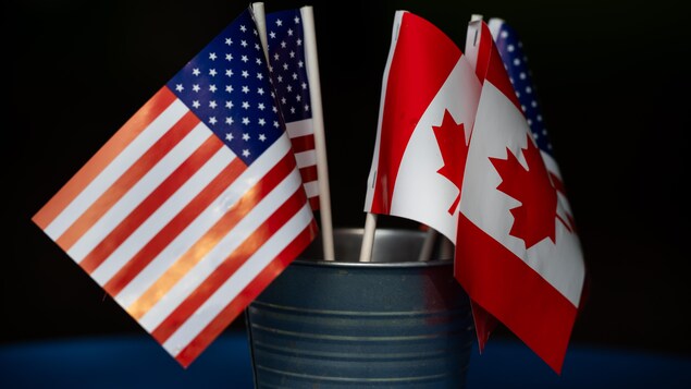 Des drapeaux du Canada et des États-Unis placés côte à côte.