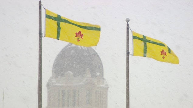 Deux drapeaux flottent dans le vent et la neige. En arrière-plan, on aperçoit le dôme du Palais législatif.