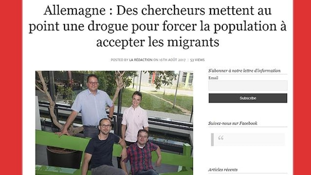Capture d'écran d'un article du site Breizatao, qui affirme que « des chercheurs mettent au point une drogue pour forcer la population à accepter les migrants ». Capture d'écran d'un article du site Breizatao, qui affirme que « des chercheurs mettent au point une drogue pour forcer la population à accepter les migrants ».