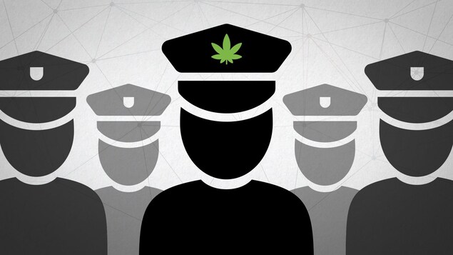 Un dessin représentant des agents de police dont un a une plante de cannabis sur sa casquette. Un dessin représentant des agents de police dont un a une plante de cannabis sur sa casquette.