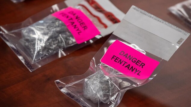 Evidence bags containing fentanyl are displayed during a news conference at Surrey RCMP Headquarters, in Surrey, B.C., on Sept. 3, 2020. The federal and B.C. provincial governments are making what is being called an "important announcement" on the opioid overdose crisis in British Columbia today.