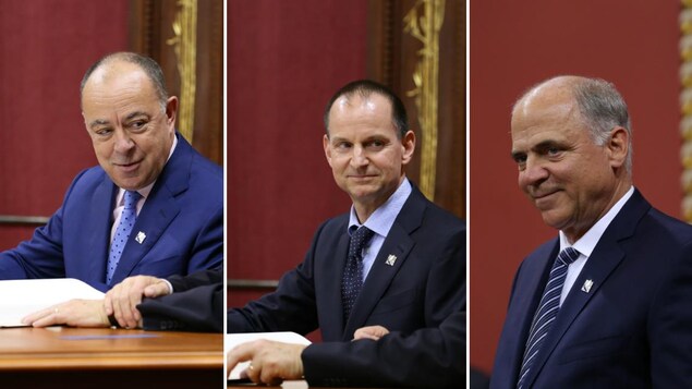 Montage de Christian Dubé, Éric Girard et Pierre Fitzgibbon au Salon rouge de l'Assemblée nationale. Montage de Christian Dubé, Éric Girard et Pierre Fitzgibbon au Salon rouge de l'Assemblée nationale.
