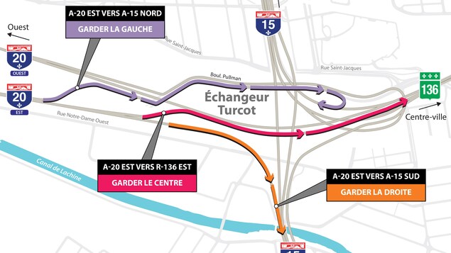 Carte des changements de voies sur l'échangeur Turcot. Carte des changements de voies sur l'échangeur Turcot.