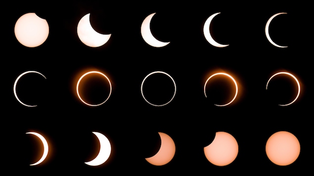 Una sucesión de imágenes del un eclipse, de principio a fin.