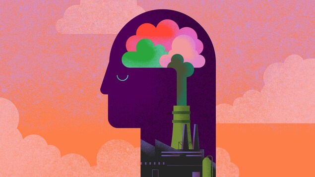 Dessin d'une personne dont le cerveau est formé d'émissions provenant d'une cheminée d'usine.