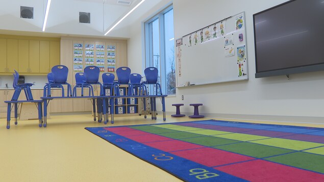 Un tapis avec différentes couleurs occupe le centre de la salle de classe. 
