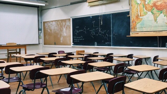 Une salle de classe vide avec un tableau, des tables et des chaises.
