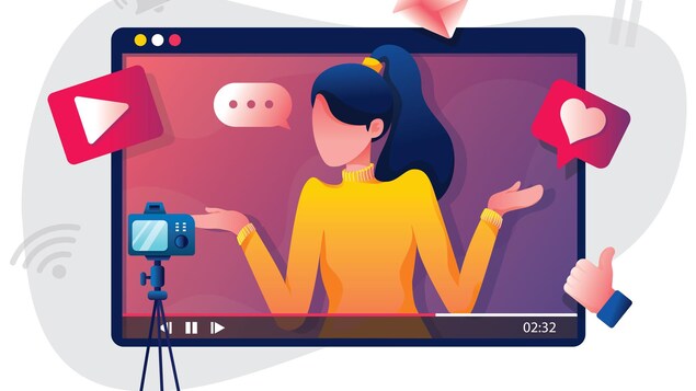 Une illustration montre une femme dans un écran avec une caméra devant elle.