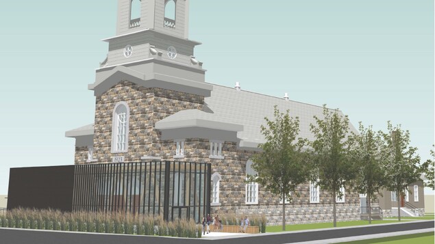 Dessin montrant un hall vitré devant l'église.