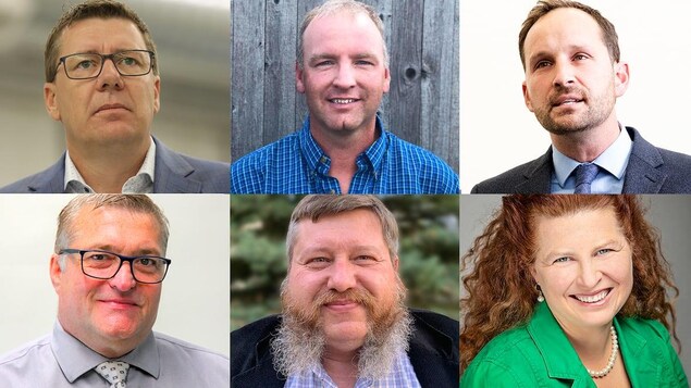 Un collage des six chefs des six partis politiques de la Saskatchewan.