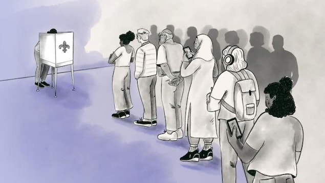 Illustration de personnes en train de faire la file devant un isoloir dans un bureau de vote.