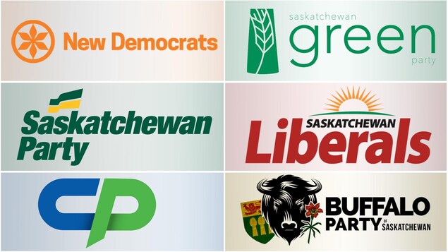 Les logos des six partis politiques provinciaux en Saskatchewan.