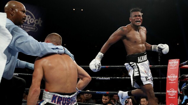Eleider Alvarez (à droite) jubile après que l'arbitre a mis fin à son combat de championnat du monde contre Sergey Kovalev (à gauche).