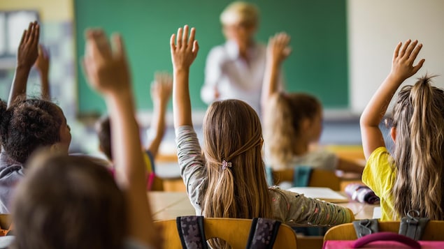 Des élèves lèvent la main dans une classe.