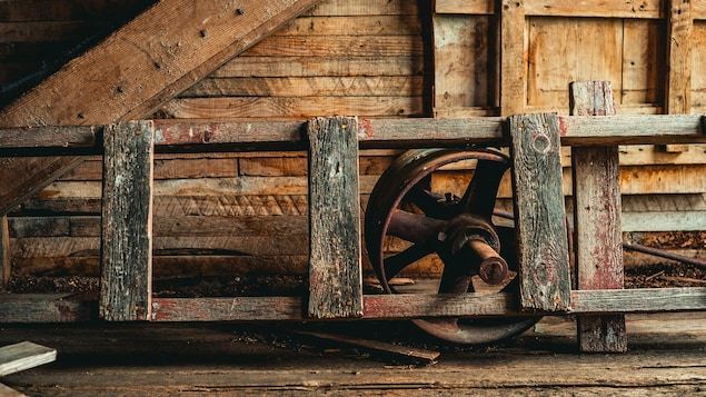 Une échelle en bois, avec une vieille roue en métal rouillé devant un mur en bois, à Barnsley au Manitoba, début juin 2022.