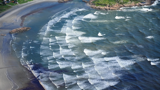 Des vagues frappent le rivage.