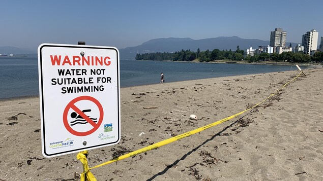 un panneau d'interdiction de baignade sur une plage