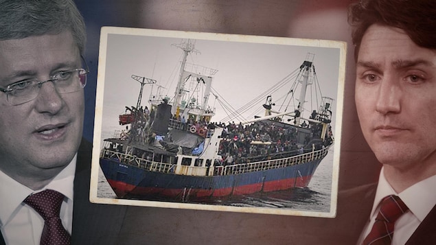 Montage photo comportant une photo d'un navire de migrants entre les visages de Stephen Harper et de Justin Trudeau. 