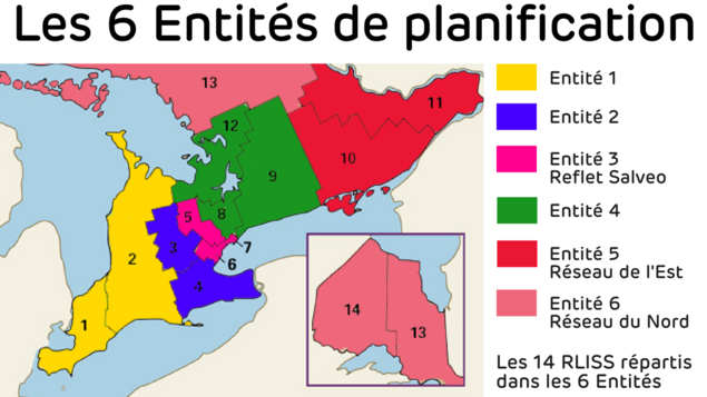 Carte montrant les 6 Entités avec les 14 RLISS