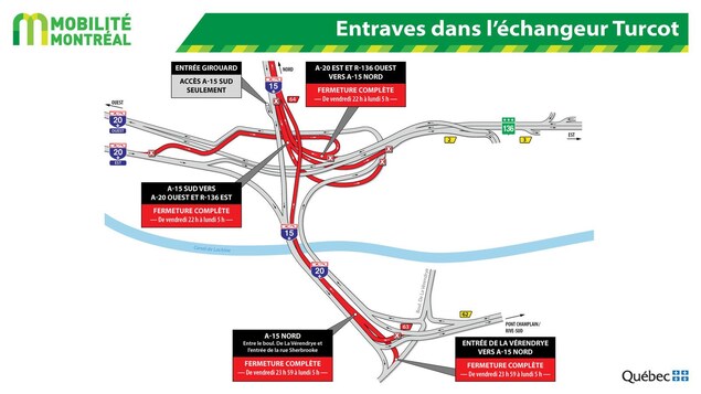 Les entraves dans l'échangeur Turcot pour la fin de semaine du 11 mai. Les entraves dans l'échangeur Turcot pour la fin de semaine du 11 mai.